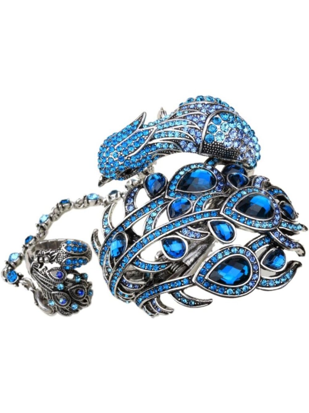 Colorful Peacock Hinged Bracelet & Stretch Ring Set - Adjustable, Nickel-Free